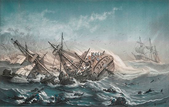 Le naufrage de L'Astrolabe et de La Boussole sur les récifs de Vanikoro en 1788. Peinture de Louis Le Breton (1818-1866)