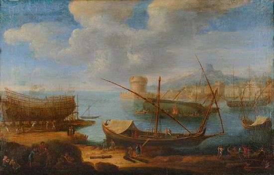 Vue d'un port avec un navire en construction. Peinture de Jean-Baptiste de La Rose (vers 1665)