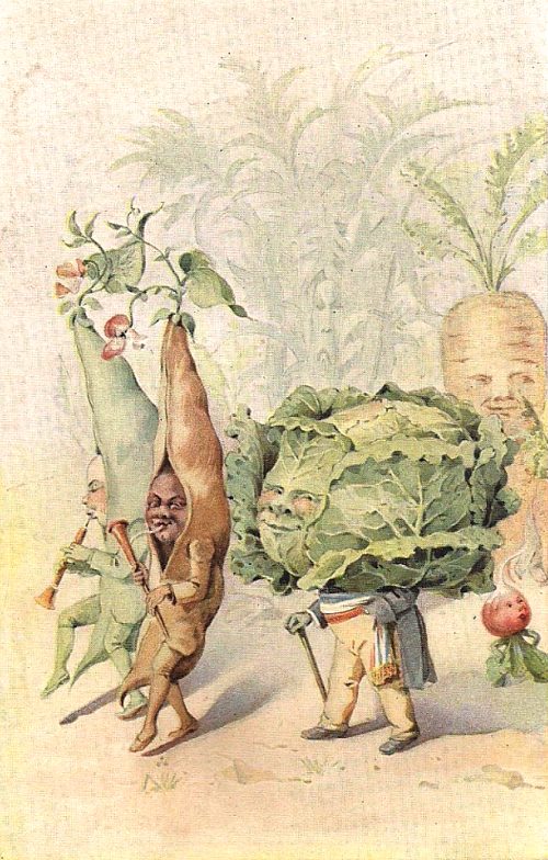 Noce de légumes : les musiciens. Chromolithographie du début du XXe siècle