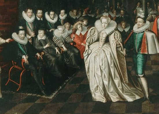 Le bal des noces du duc de Joyeuse en 1581 (détail). École française, fin du XVIe siècle. On y voit à gauche Henri III à côté de sa mère Catherine de Médicis