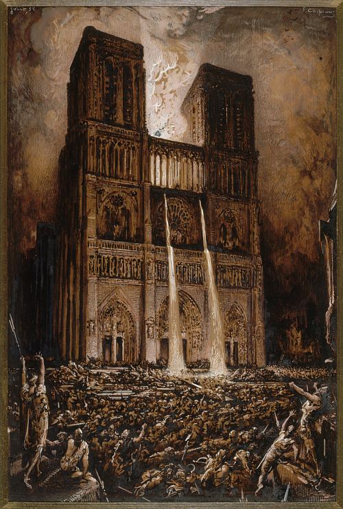 L'attaque de Notre-Dame de Paris par les truands. Illustration de François Chifflart pour Notre-Dame de Paris dans l'Édition Hugues, vers 1876-1877