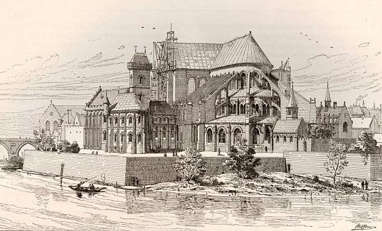 Notre-Dame de Paris et l'Évêché au commencement du XIIIe siècle. Gravure de F. Hoffbauer extraite de Paris à travers les âges (Tome 1), paru en 1885