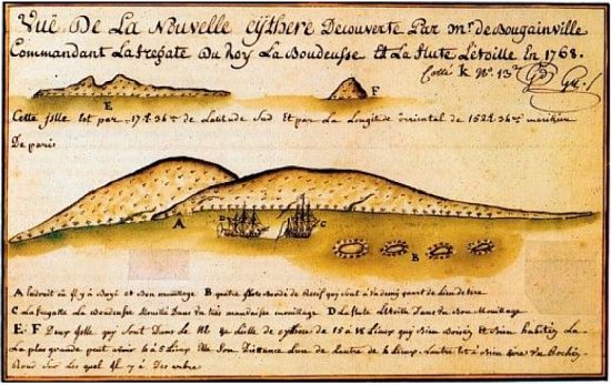 Vue de la Nouvelle-Cythère. Aquarelle anonyme d'après le dessin réalisé par A. Riouffe