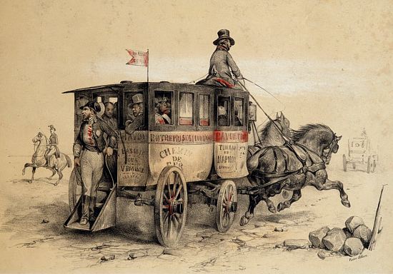 Omnibus parisien. Lithographie de Victor Adam (vers 1840)