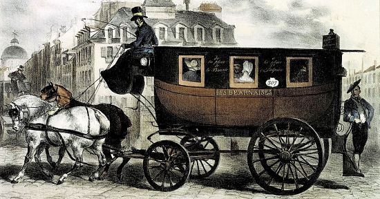 Omnibus parisien de l'entreprise des Béarnaises. Lithographie d'Auguste Raffet de 1829