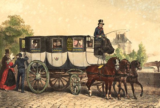Omnibus parisien de l'Entreprise générale des omnibus de Stanislas Baudry. Lithographie d'Auguste Raffet de 1828