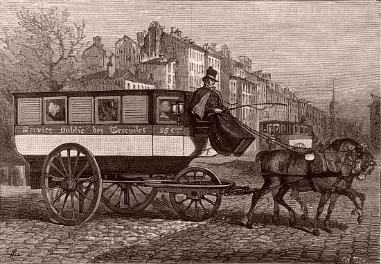 Omnibus parisien à trois roues du Service des Tricycles. Gravure parue dans La Nature