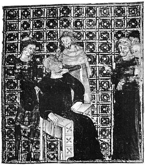 Opération de la cataracte pratiquée sur Gilles le Muisit en 1351 par Jean de Mayence. Miniature extraite du Manuscrit des Annales de Gilles le Muisit, conservé à la Bibliothèque royale de Belgique