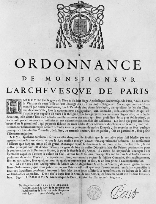 Ordonnance de l'archevêque de Paris du 11 août 1667 portant défense, sous peine d'excommunication, de toute représentation du Tartuffe