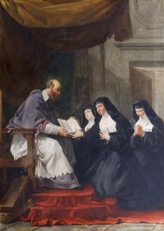 François de Sales donnant à Jeanne de Chantal la règle de l'ordre de la Visitation, en présence de Jacqueline Favre et Charlotte de Bréchard