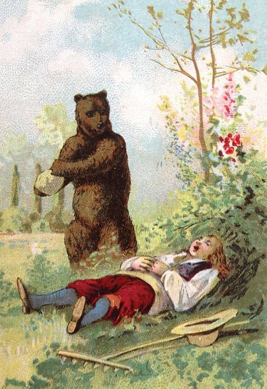 Ours et enfant. Chromolithographie réalisée vers 1910