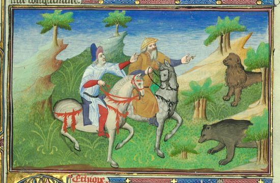 Hommes brandissant contre un ours et un lion un diamant capable de repousser les animaux sauvages. Enluminure tirée du Livre des Merveilles de Marco Polo augmenté par Jean de Mandeville (cote 2810) (XIVe siècle)