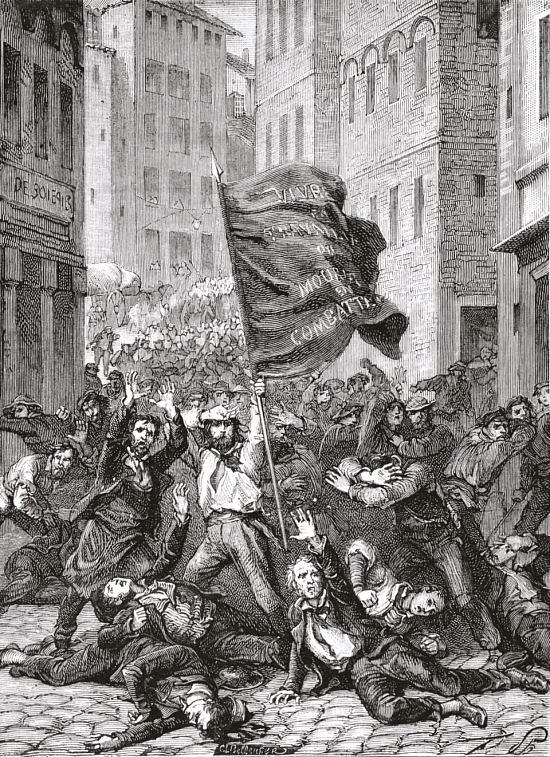 Insurrection de Lyon. Descente des ouvriers de la Croix-Rousse en novembre 1831 lors de la première révolte des canuts à Lyon. Gravure publiée vers 1880