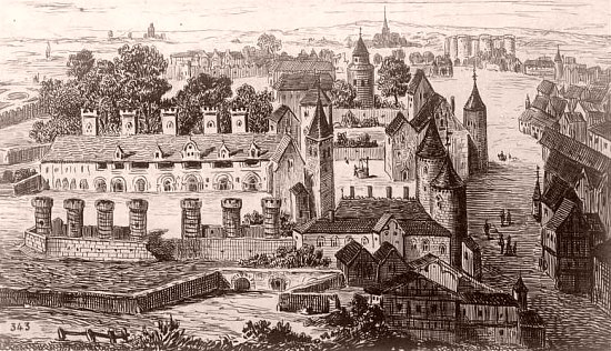 Palais des Tournelles (Paris) en 1550. Il fut détruit vers 1565 en vertu de lettres-patentes écrites le 28 janvier 1563 par Catherine de Médicis au nom de son fils Charles IX