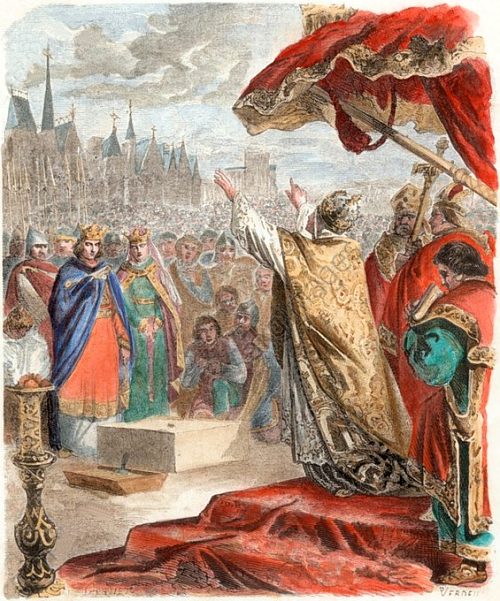 Le pape Alexandre III pose la première pierre en présence de Louis VII et d'Alix de Champagne, en 1163. Gravure (colorisée ultérieurement) réalisée d'après le dessin de Gerlier et publiée dans Histoire populaire de la France, par Charles Lahure (1866)