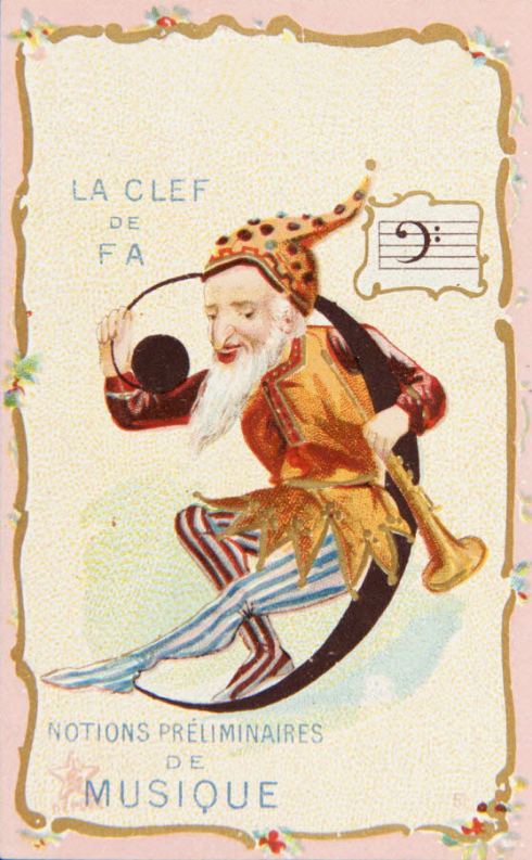 Carte-réclame : notions préliminaires de musique. La clef de fa