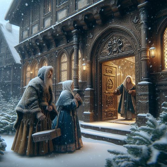 Un soir que la neige tombait à flocons, les parents du sire de Lassaraz vinrent heurter à la porte de leur fils