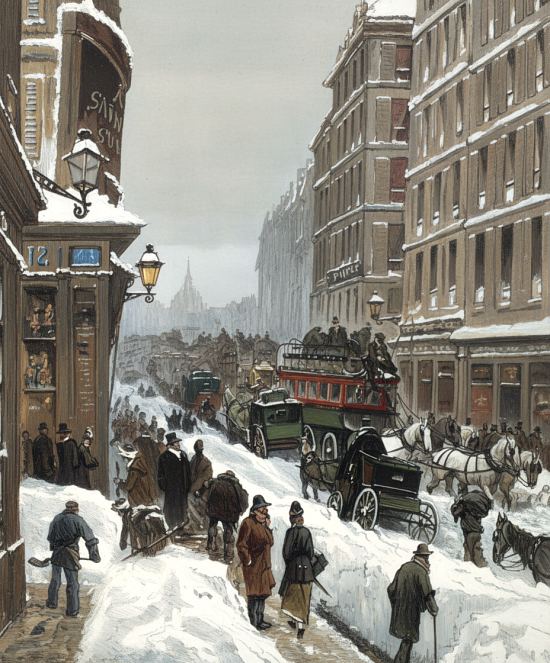 Paris sous la neige. Les abords du Sénat en décembre 1879. Gravure d'époque colorisée ultérieurement