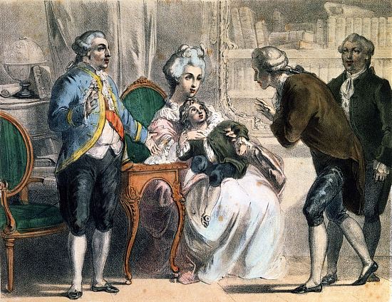 Parmentier présente la pomme de terre à Louis XVI et sa famille. Gravure d'Albert Chéreau