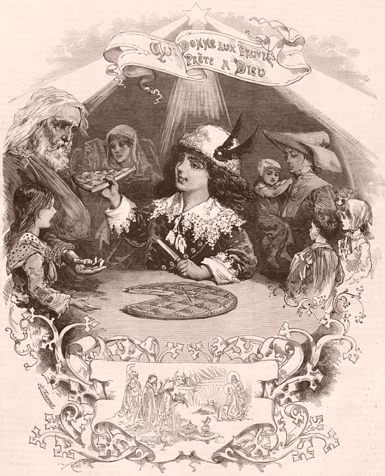 Le gâteau des Rois. La Part à Dieu. Gravure d'Alexandre Ferlinandus publiée dans Le Monde illustré du 8 janvier 1881