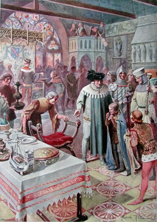 Une fête des Rois sous le duc Louis de Bourbon, à Moulins : les écuyers du duc cherchant l'enfant le plus pauvre de la ville, le conduisent à la place d'honneur. Lithographie de Marcel Pille parue dans L'Illustration du 7 janvier 1899