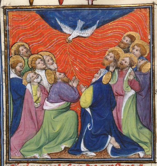 Pentecôte. Enluminure du Maître du Couronnement de la Vierge extraite de la Grande Bible historiale complétée (manuscrit n°159 de la BnF, vers 1400)