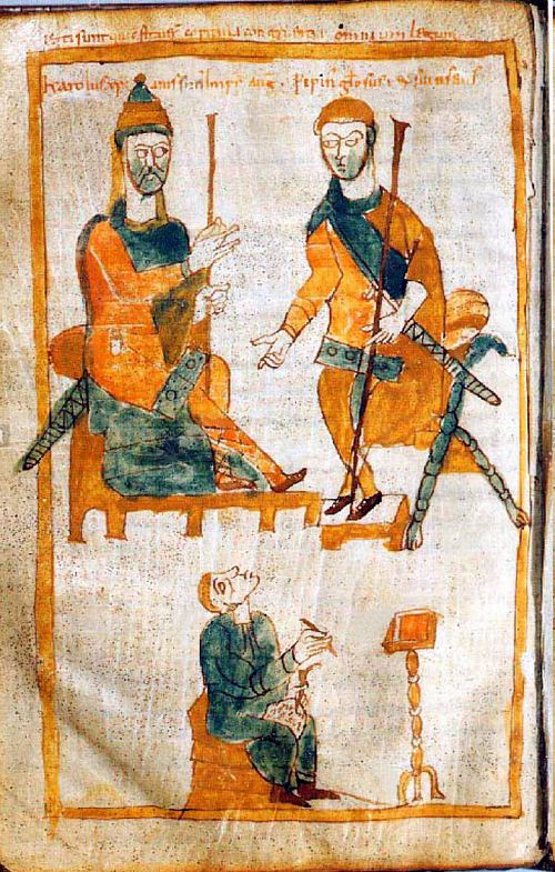 Charlemagne (à gauche) et Pépin d'Italie (à droite). Enluminure insérée dans un manuscrit de 991 et réalisée d'après le Leges Barbarorum des Annales de Fulda, datant d'environ 830, aujourd'hui perdu et composé pour l'érudit et militaire Évrard de Frioul (mort en 866)