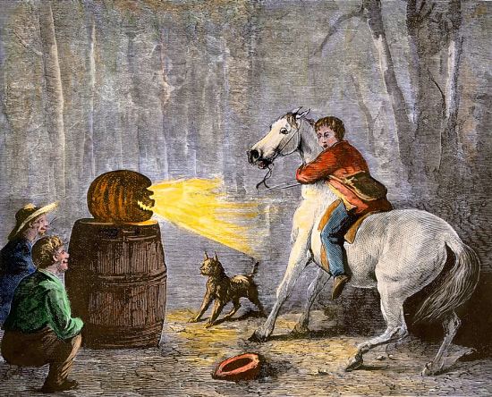 Deux personnes effraient leur ami avec une jack-o'-lantern. Gravure anglaise du début du XIXe siècle (colorisée ultérieurement)