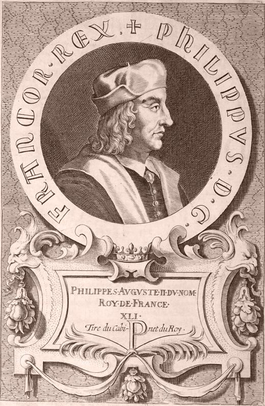 Philippe Auguste. Gravure extraite de Histoire de France depuis Faramond jusqu'au règne de Louis le Juste. Enrichie, de plusieurs belles et rares antiquitez, et de la vie des reynes, etc. par François Eudes de Mézeray (édition de 1685)