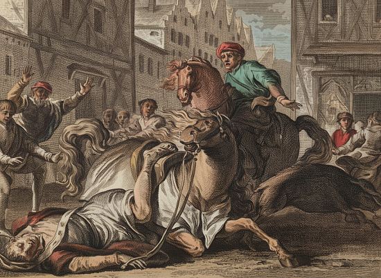 Le fils de Louis VI le Gros tombe de son cheval qui a été effrayé par un cochon. Gravure (colorisée ultérieurement) de Jean-Michel Moreau extraite de Figures de l'histoire de France (1785)