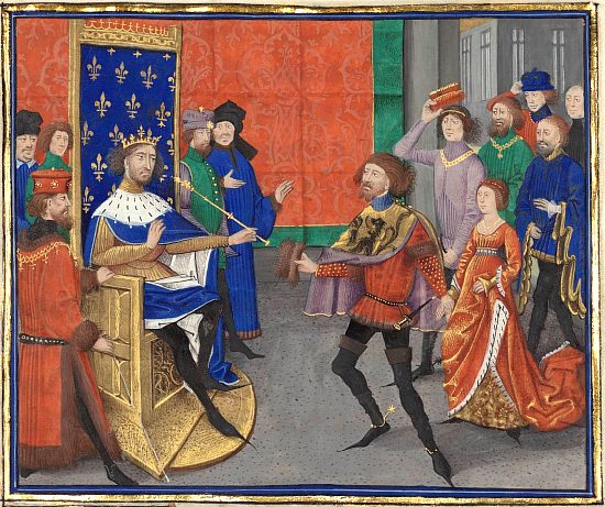 Philippe le Bel rencontre Gui de Dampierre. Enluminure extraite des Chroniques de France, d'Angleterre, de Flandres et d'autres contrées, commençant l'an de notre seigneur Jésus-Christ mil deux cent quatre-vingt-seize, et finissant l'an mil trois cent soixante-dix par David Aubert (1459). Manuscrit n°6328 de la réserve de la Bibliothèque de l'Arsenal