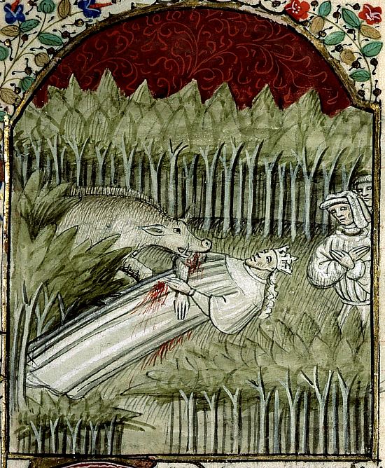 Mort de Philippe IV le Bel au cours d'une chasse au sanglier le 29 novembre 1314. Enluminure extraite du De casibus virorum illustrium de Boccace (manuscrit n°1128 de la Bibliothèque Sainte-Geneviève, datant de la deuxième moitié du XVe siècle)