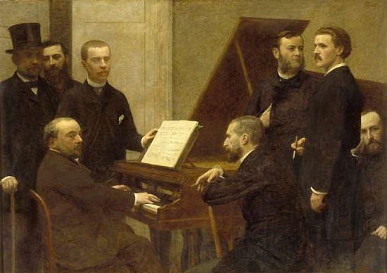 Camille Benoit est ici représenté sur ce tableau — intitulé Autour du piano, peint en 1885 par Henri Fantin-Latour —, troisième en haut en partant de la gauche