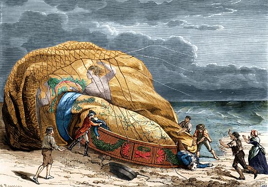 La tentative de Pilâtre de Rozier et Romain de traverser la Manche en ballon échoue et s'achève par le décès des deux pionniers. Gravure (colorisée ultérieurement) extraite de Album de la science. Savants illustres. Grandes découvertes paru en 1896
