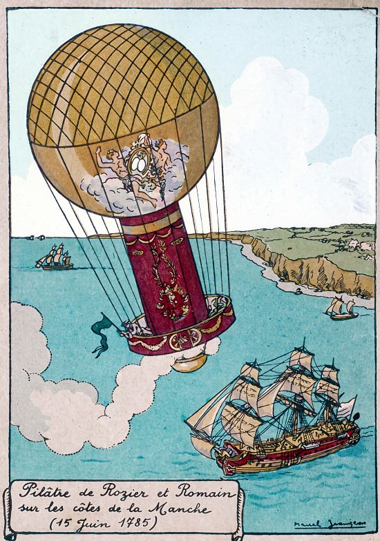 Pilâtre de Rozier et Romain à bord de leur aéro-montgolfière s'éloignent des côtes de la Manche le 15 juin 1785. Dessin de Marcel Jeanjean (1873-1973) réalisé en 1937