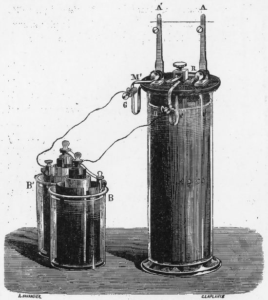 Pile secondaire de Gaston Planté, chargée par la pile de Bunsen. Gravure extraite de Les merveilles de la science ou Description populaire des inventions scientifiques depuis 1870. Supplément, par Louis Figuier (1891)