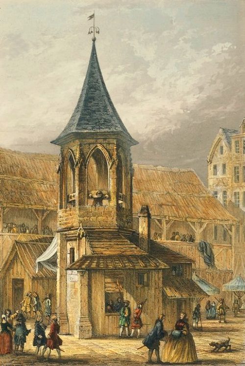 Le pilori érigé au Moyen Age sur la Place des Halles à Paris, et démoli pendant la Révolution française. Gravure de 1840 d'Émile Rouargue d'après un dessin d'Adolphe Rouargue