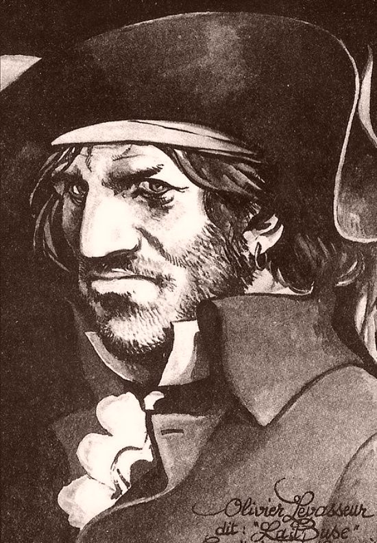 Le pirate Olivier Levasseur dit La Buse vu par Michel Faure, dessinateur de la série de bande dessinée Aventures dans l'océan Indien comprenant les albums La Buse et la Vierge du Cap (1978) et La Fin de La Buse (1979), réédités en 2005