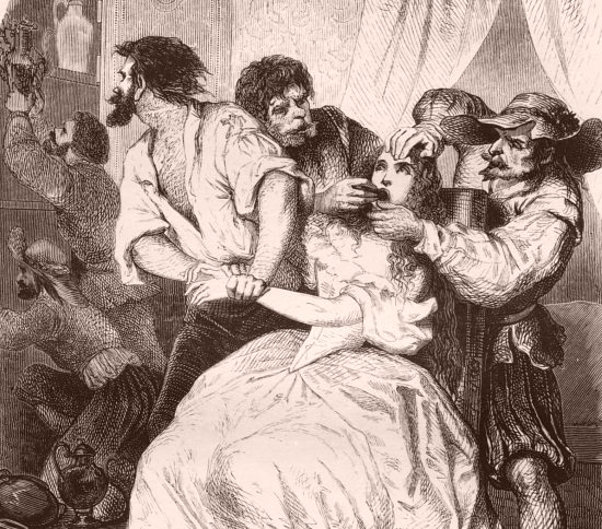 Usage de la poire d'angoisse. Détail d'une gravure publiée dans Les bagnes : histoire, types, moeurs, mystères par Maurice Alhoy (1845)