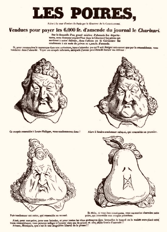 Les Poires de Philipon. Dessin d'Honoré Daumier d'après les Croquades de Philipon, paru dans le numéro du 17 janvier 1834 du Charivari