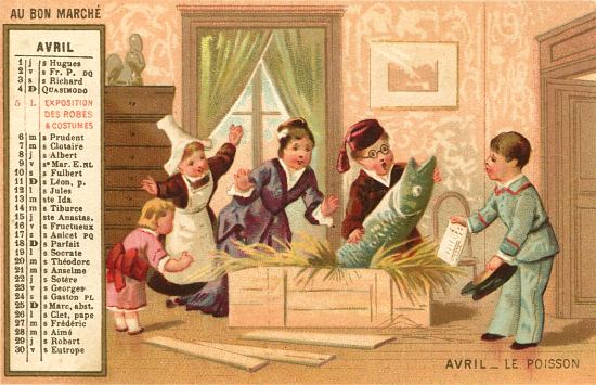 Le poisson d'avril. Chromolithographie publicitaire publiée vers 1880