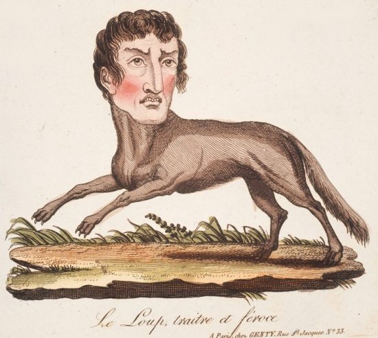 Le loup, traître et féroce. Caricature d'un homme politique inconnu. Lithographie de 1820 extraite de la série Les animaux caractérisés