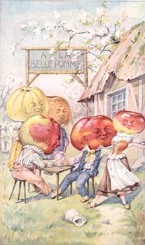 Fruits animés. Auberge de la Belle Pomme. Lithographie du XXe siècle