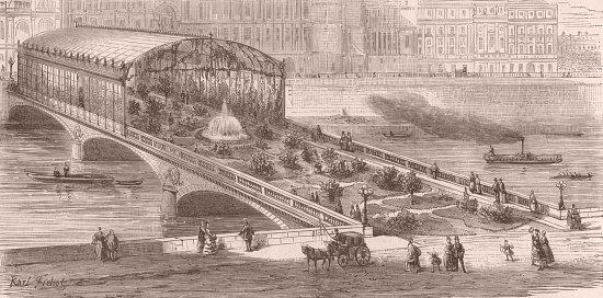 Les Nouveaux Ponts de Paris : premier projet. Galeries, promenades, squares, fontaines jaillissantes. Croquis présentant un pont à moitié couvert afin de juger de l'effet des jardins