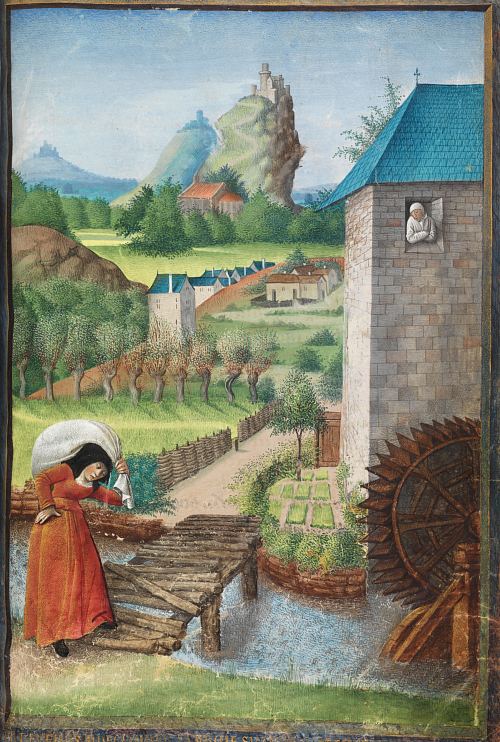 Vieille femme portant un sac de blé au moulin en franchissant un cours d'eau. Enluminure extraite du Mortifiement de Vaine Plaisance, poème allégorique composé vers 1455 par René d'Anjou et illustré vers 1470 par Jean Colombe