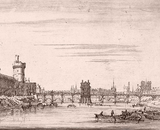 Pavillon des Tuileries et grande Galerie du Louvre (à gauche), le Pont Rouge (en bois, au premier plan) et le Pont Neuf (en pierre, en arrière-plan). Détail d'une gravure d'Israël Sylvestre (vers 1650)