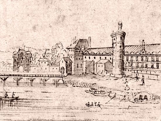 Le Pont Rouge, qui fut emporté par les glaces le 20 février 1684. Estampe du temps