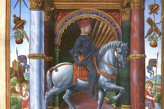 Détail du portrait équestre du condottiere Muzio Attendolo Sforza, paru dans Vita di Muzio Attendolo Sforza (Vie de Muzio Attendolo Sforza), par Antonio Minuti (1491)