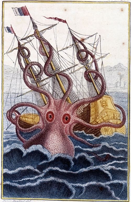 Pieuvre colossale attaquant un navire. Lithographie parue dans Histoire naturelle des mollusques, par Pierre Dénys de Montfort (édition de 1802)