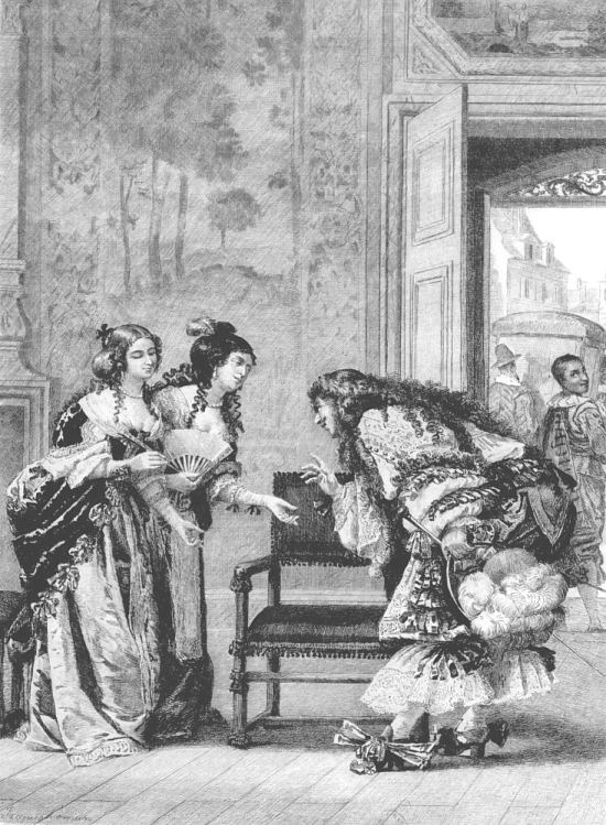 Frontispice de l'édition de 1882 des Précieuses ridicules de Molière illustrée par Jacques Leman et Maurice Leloir